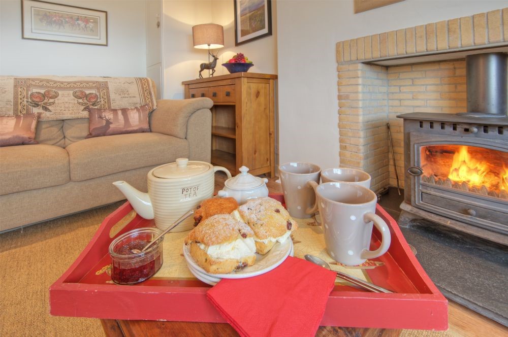 Three Acre Cottage - tea tray by fire