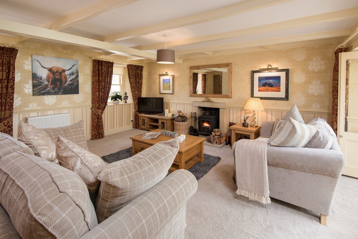 Dryburgh Stirling Two - sitting room with sofas, TV, coffee table and wood burning stove