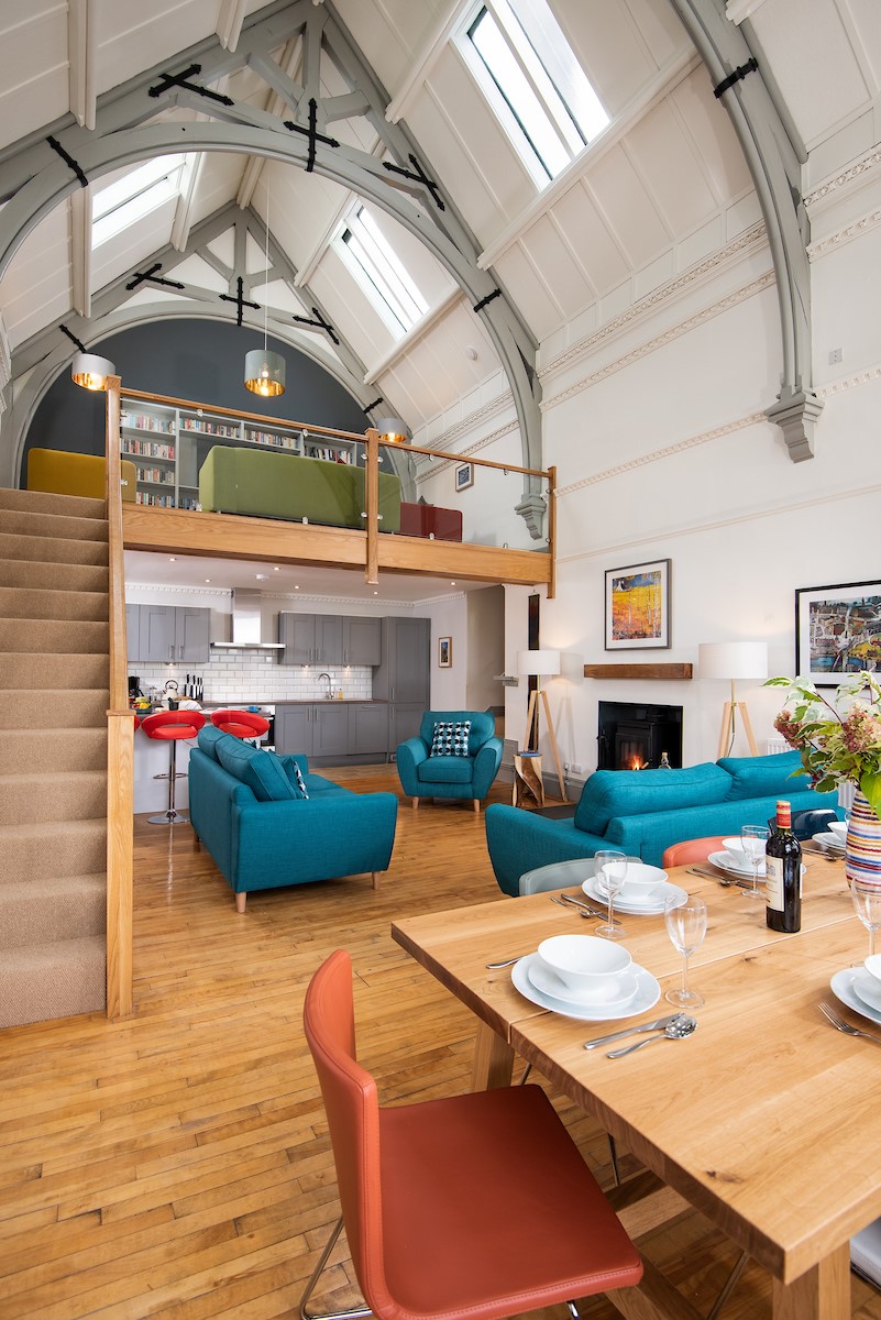 The Five Turrets - open plan living area with mezzanine level