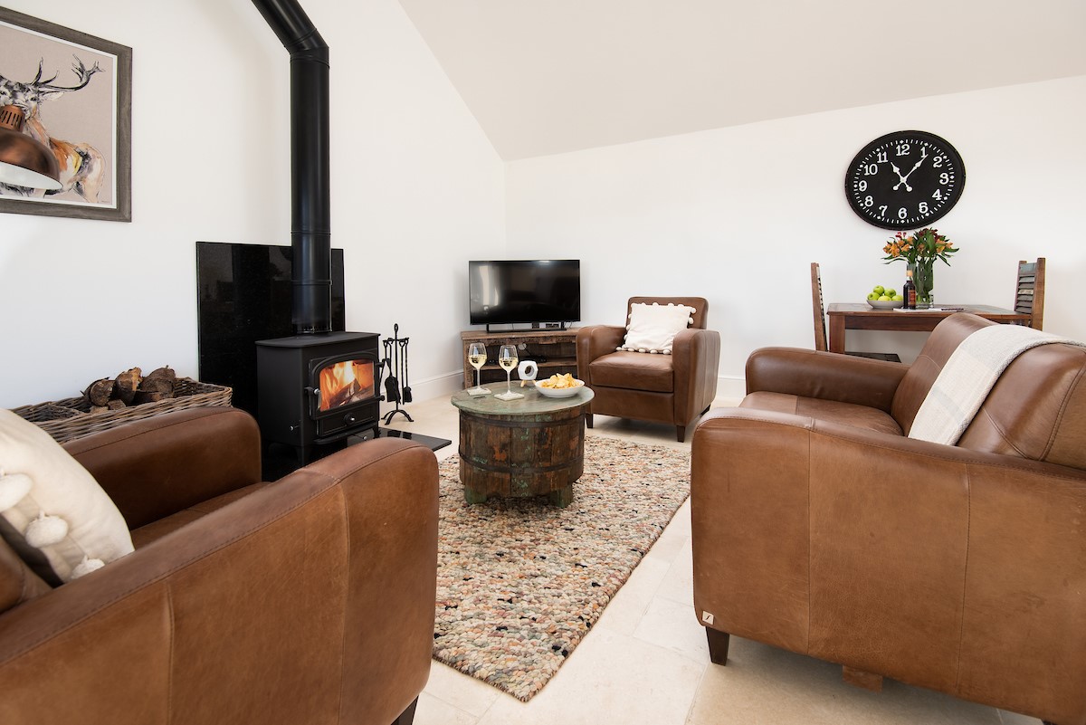 The Hemmel - enjoy a good film and a glass of wine by the wood burning stove - please note, furniture has been updated. New photographs pending - 1 fabric sofa and 1 leather armchair now provided.