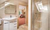 Dryburgh Farmhouse - bedroom two en suite shower room featuring a rainforest shower head and heated towel rail