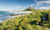 Bamburgh Castle, beach, dunes and bench