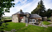 Broadgate House - main house with landscaped garden, outside seating area and views over the Northumbrian countryside